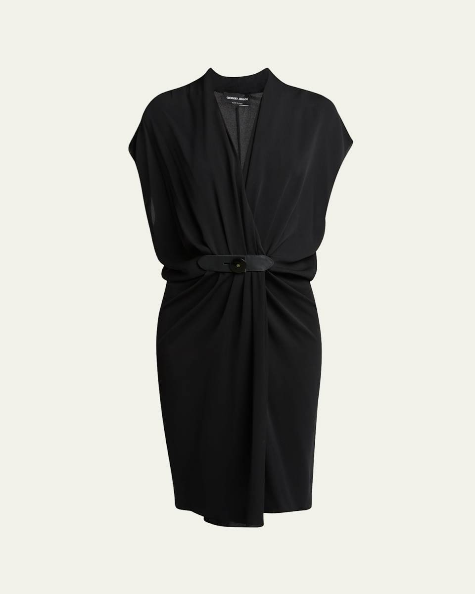 Gathered Leather Buckle Silk Dress